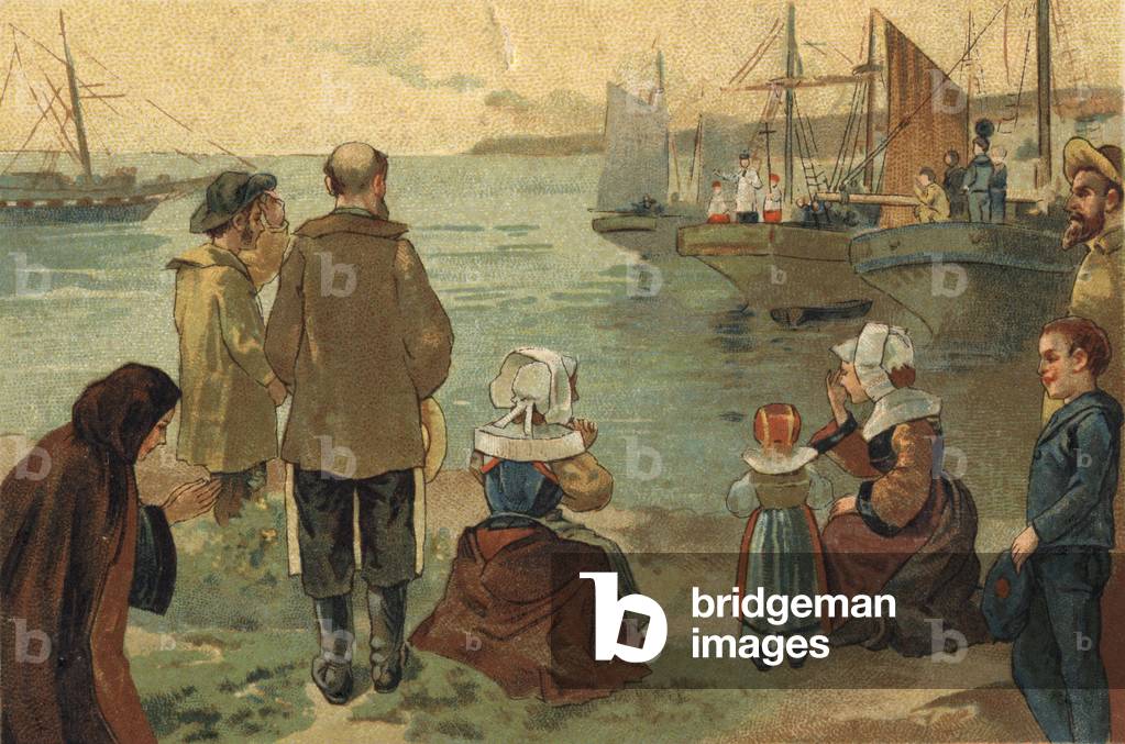 Old custom celebrated in the region of Brittany: the blessing of the Terre Neuvas. Chromolithography of the late 19th century.