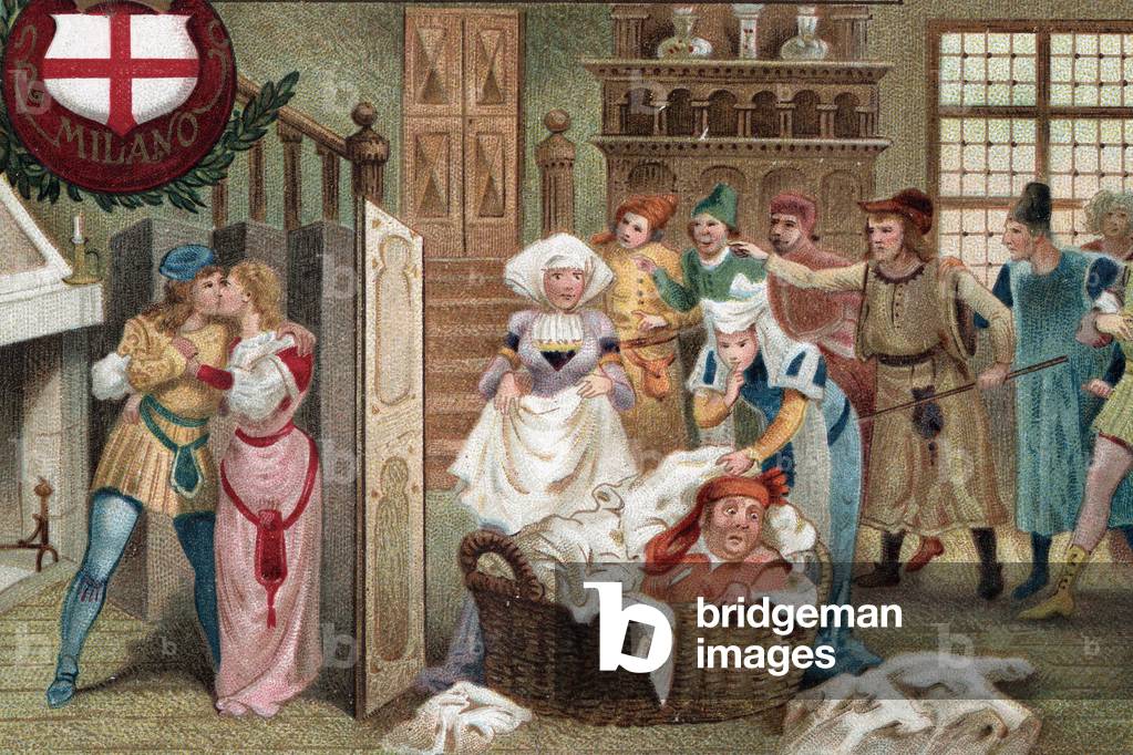 Falstaff hidden in linen basket, Act II Scene 2 from opera Falstaff from opera by Giuseppe Verdi, 1813-1901 Italian composer (chromo)