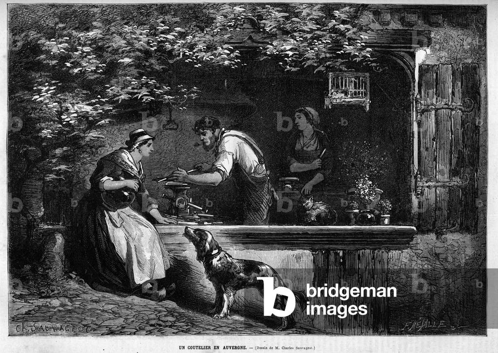 Metier and craftsman: a cutlermaker in Auvergne. Engraving in “” Le Monde illustrious”” 1883. Private collection.