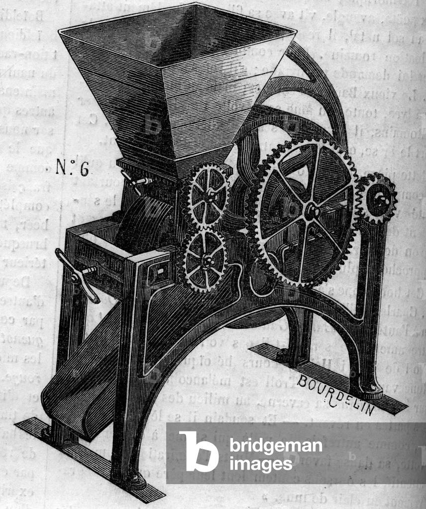 Agricultural machine: an applatizer used to prepare animal feed, 1860 (engraving)