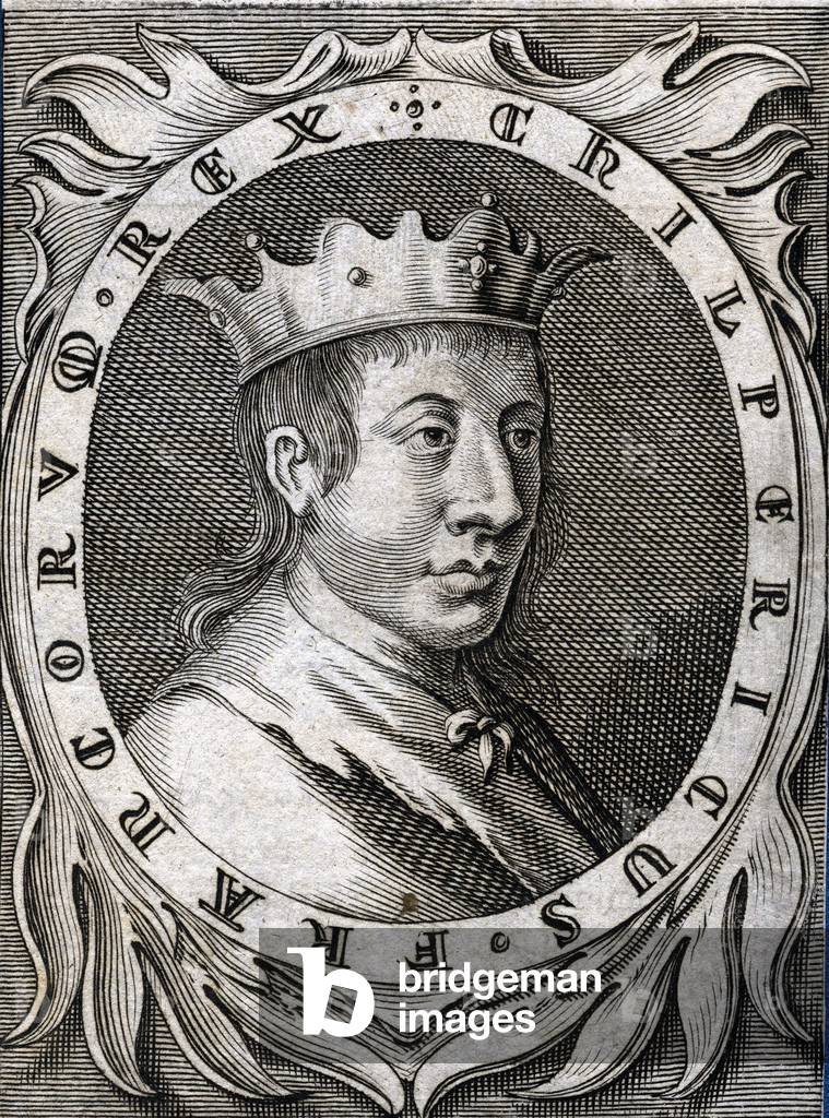 Portrait of Chilperic II, King of Neustria. 18th century engraving.