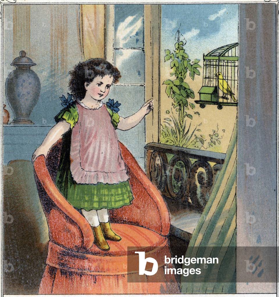 Madeleine, the little girl, received a serin for her birthday: this one is in a cage and despite the affection the child bears him, he regrets his freedom and feels a prisoner. Chromolithography from “Childhood Scenes””. Edition Guerin - Muller circa 1885.