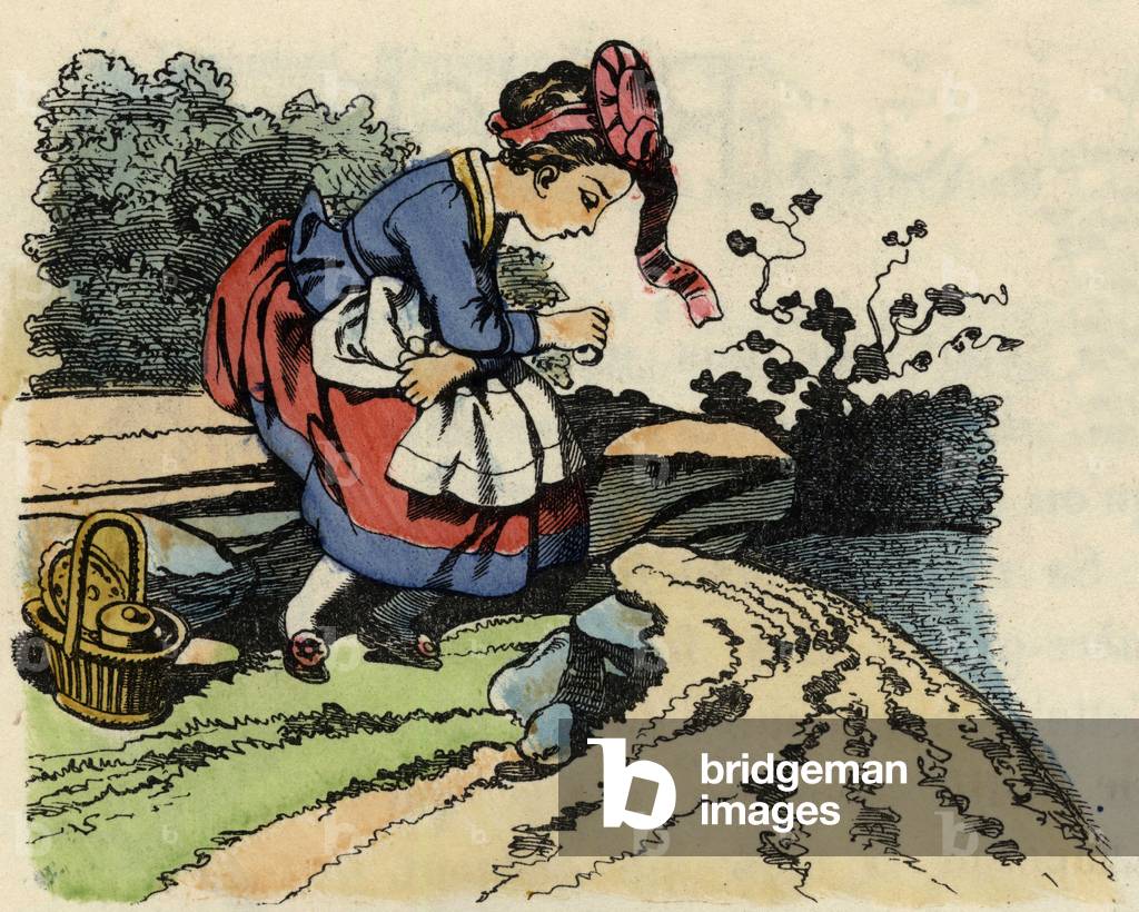 Little Red Riding Hood rests on the way. Illustration of the tale “The Little Red Riding Hood” by Charles Perrault, 1697. In “” Tales from the home for the little ones””. Anonymous engraving of the 19th century.