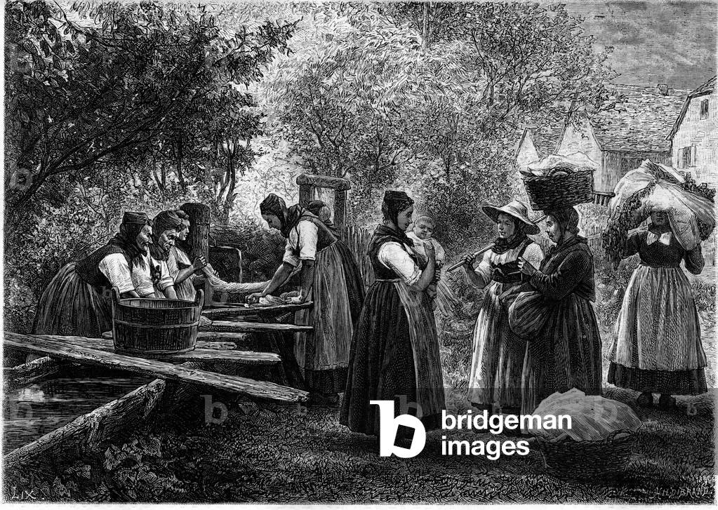 Women do laundry in Alsace. Engraving in the illustrious journal “” La jeunesse””, 1886.