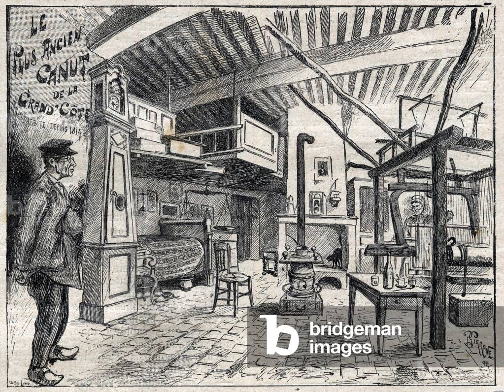 Atelier de Canut a Lyon - the oldest canut of the Grand Cote since 1814 engraving in “Le Progres illustrious”” of 1895