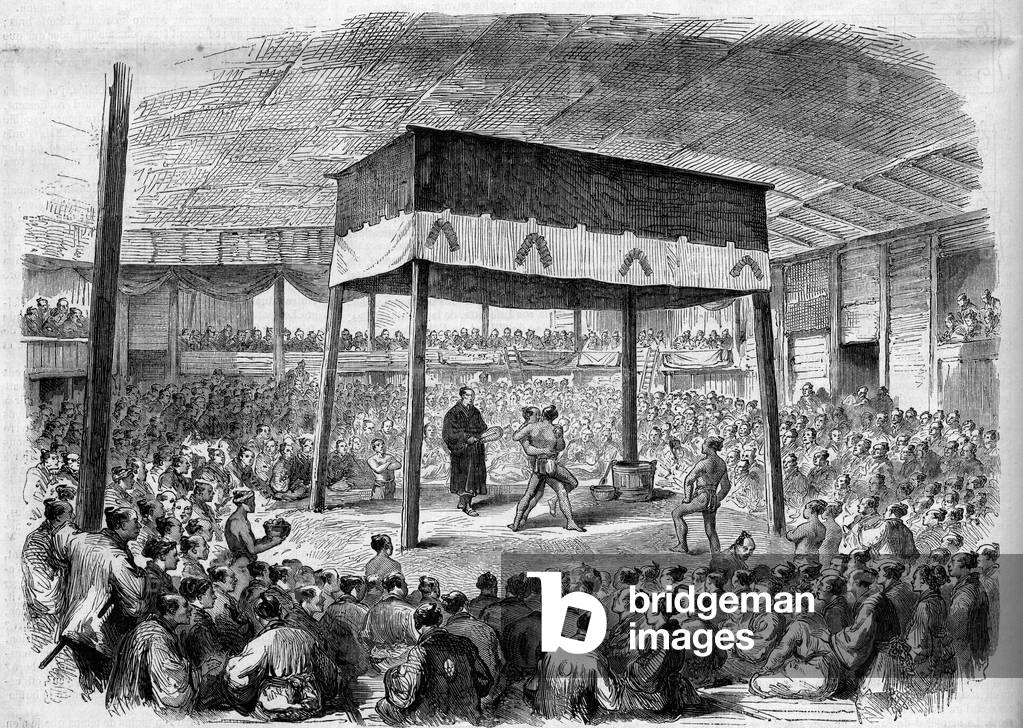 Japanese wrestler fight Sumo in Osaka, Japan. From a drawing by C. Wirgman. Engraving in “” The Illustrious Universe””, 1868. Private collection.