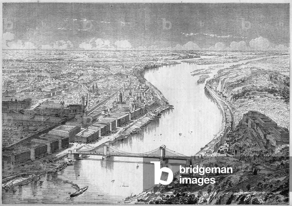 Views of the city of Pesth (Pest), capital of Hungary, in 1861, and of the Szechenyi Bridge, or Chaines Bridge, built between 1840 and 1849. Engraving in “” Le Monde Illustré”” n°229 of 31 August 1861.