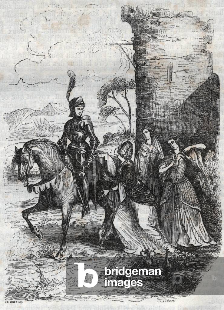 Ruggiero and three nymphs from the court of Alcina  - engraving of 1851 from the poem Orlando furioso (1516) by Ludovico Ariosto - Edition translated from Italian by the Count of Tressan and published by Gustave Harvard 1851