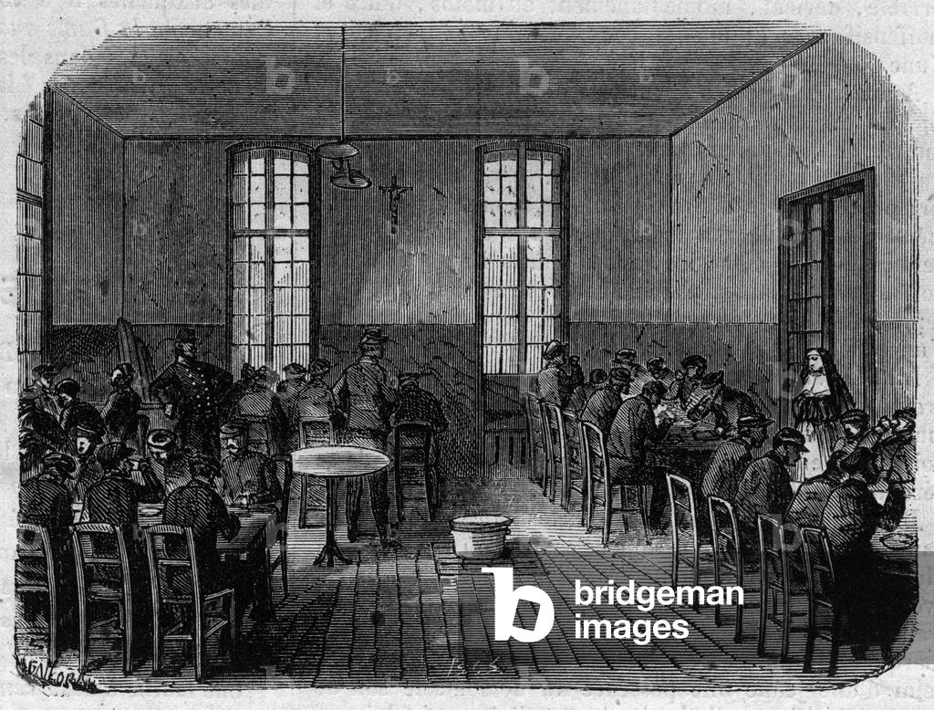L'asile Sainte Anne (Sainte-Anne) a Paris: le refectoire - Engraving In “” Le Journal Illustrée””, 1869 - Sainte-Anne (Sainte-Anne) asylum in Paris: refectory - Engraving from “” Le Journal Illustrée””, 1869