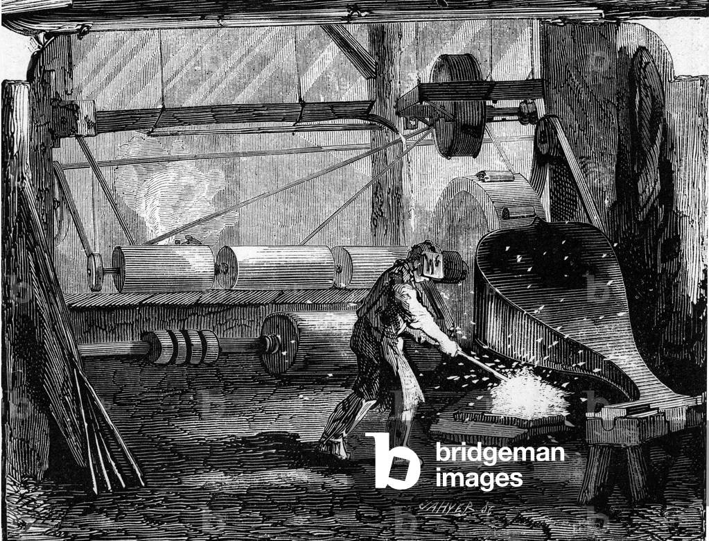 Manufacture of rifle cannons: the iron strips are red blank. Engraving in “” Le Monde Illustré”” n°35 of 12 December 1857.
