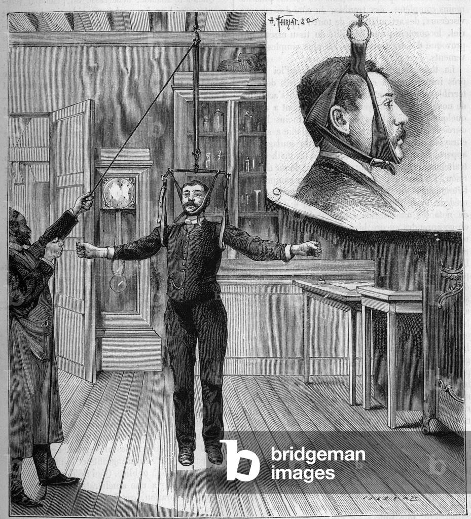 Medicine: treatment of ataxia by suspension at the Salpetriere hospital in Paris. At the top, detail of the device uses for care. Engraving in “” La Nature. Revue des sciences et de ses applications aux arts et a l'industrie”, 1889.