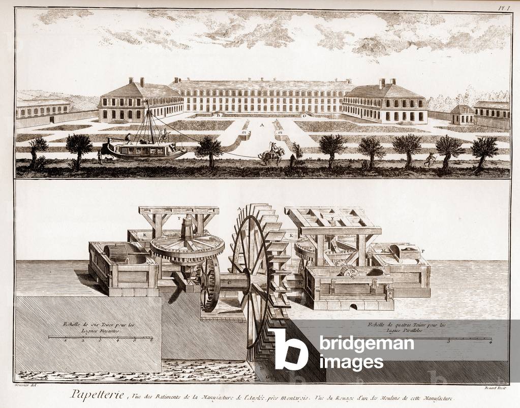 A paper mill - Stationery: view of the buildings of the manufacture of anglee near Montargis - View of the cog of one of the mills of this manufacture - “” The Grande Encyclopedie, ou Dictionnaire Raisonne des Sciences, des Arts et des Metiers”” (Encyclopedia or Dictionary of the Sciences, Arts and Professions) by Denis Diderot (1713-1784) and Jean d'Alembert (1717- 1783).