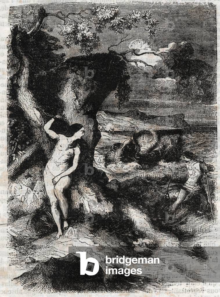 Roland delivre Olympe - engraving of 1851 from “” Roland furieux”” (Orlando furioso) (16th century) by Ludovico Ariosto, known as the Ariosto - Edition translated from Italian by the Count of Tressan and published by Gustave Harvard 1851