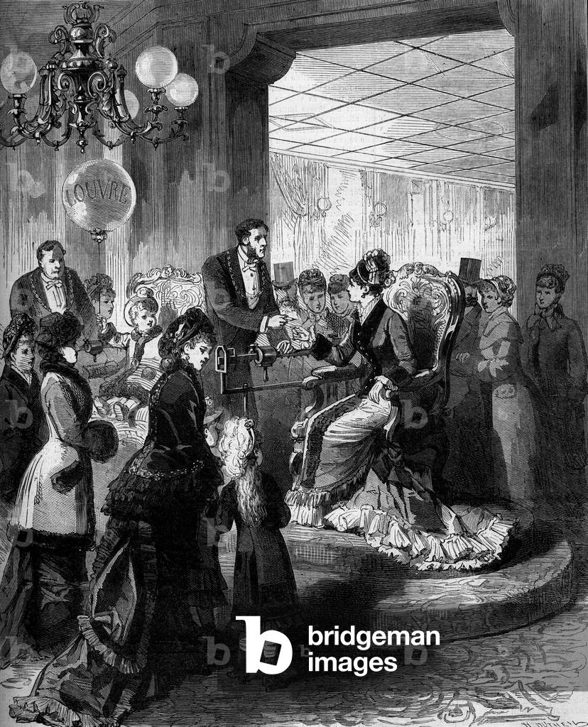 The balance chair: a woman sitting on an armchair who calculates the weight. Paris, 1879. Engraving in “” Le Monde Illustré”” n°1175 of October 4, 1879.