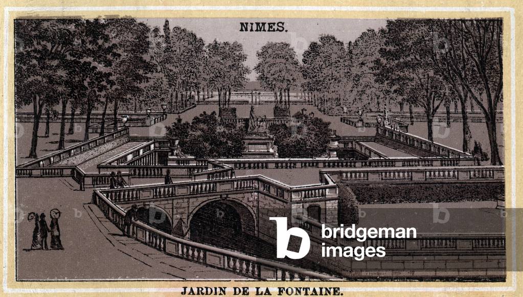 Jardin de la Fontaine in Nimes (Gard, Languedoc-Roussillon). Chromolithography of the late 19th century.