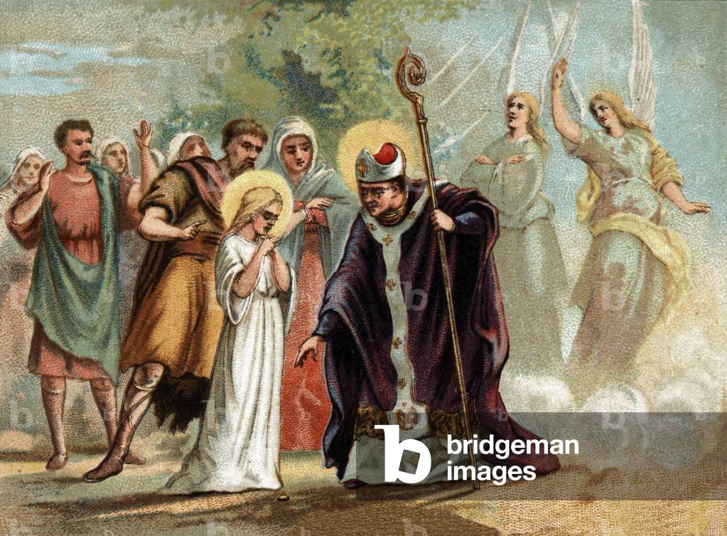 Saint Germain gave a medal to Sainte Genevieve (422-502), patron saint of Paris. chromolithography around 1890.