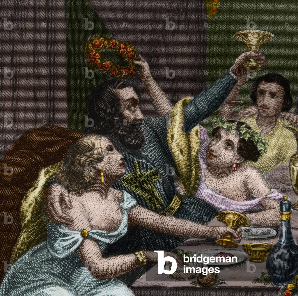 Pope Alexander VI (1431-1503) (Alessandro, Rodrigo Borgia) Rodrigue Borgia celebrates the marriage of his daughter Lucrece Borgia (Lucrezia) with 50 courtesans in the Vatican. Engraving from 1842 in “Histoire des popes: crimes, murders, poisonings, parricides, adulteres, incest... by Maurice Lachatre. Private collection.