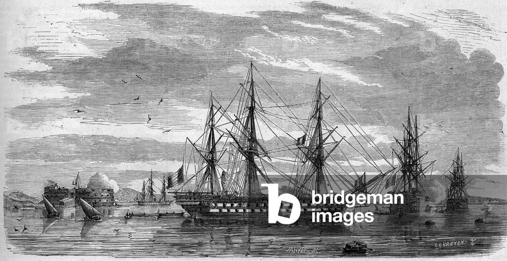 Catholic fete: Good Friday (Holy Friday) in Toulon (Var, 83) in 1858. The ships have their rods in cross and their flags with half halyards as a sign of mourning. Engraving in “” Le Monde Illustré”” n°53 of 17 April 1858.