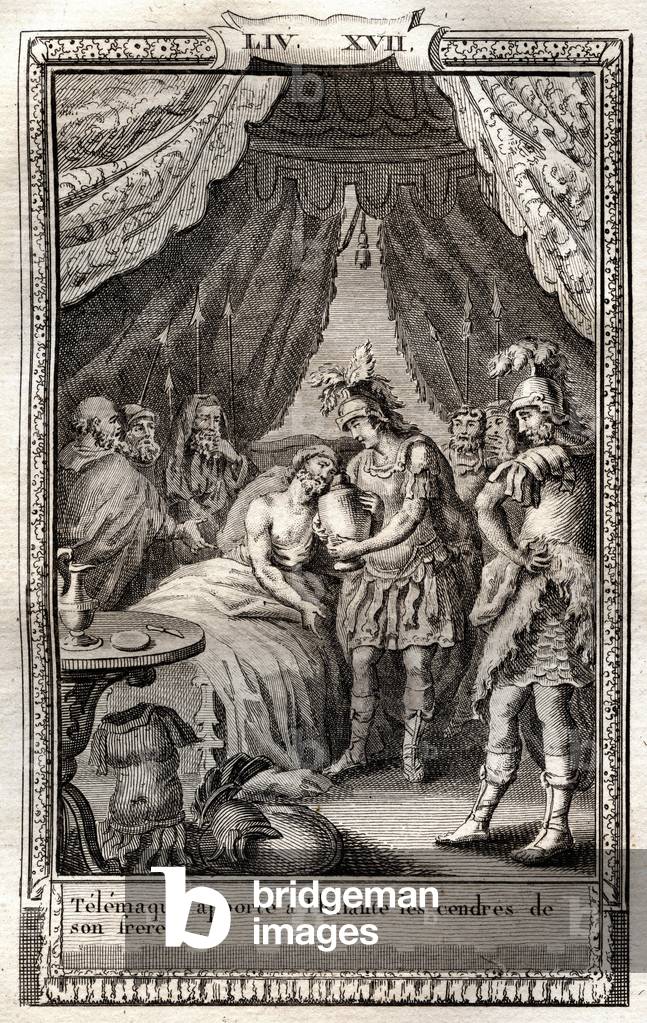 Telemaque takes care of Phalante wounds and brings him the ashes of his brother - engraving of 1798 after Monnet in “Les Aventures de Telemaque, fils d'Ulysse” (The adventures of Telemachus) by Francois de Salignac de La Mothe-Fenelon dit Fenelon -