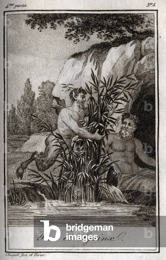 Pan and the nymph Syrinx transformed into reeds“Lettres a Emilie sur la mythologie” by Charles Albert Demoustier, 1819 (engraving)