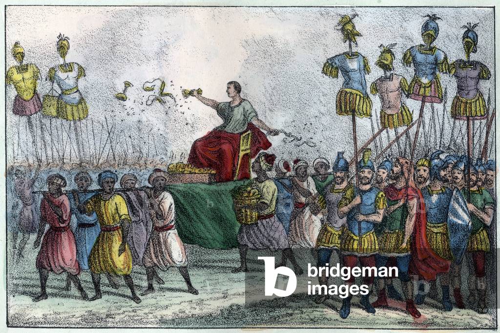 The triumph of Bélisaire (Belisarius) (v. 505-565), General Byzantine. He takes over North Africa from the Vandals in 533-534.in” L'Algerie ancienne et moderne”” by Léon Galibert. Italian edition in 1846 color.