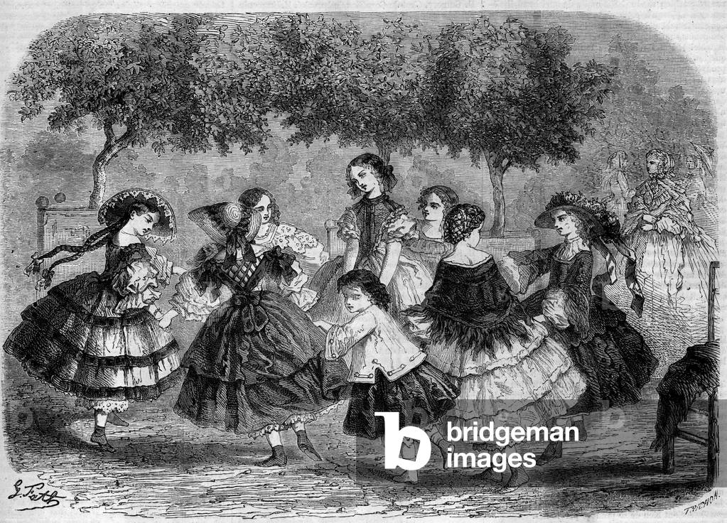 Children's play, 1857: children's round at the Tuileries in Paris. Engraving in “” Le Monde Illustré”” n°19 of 22 August 1857.