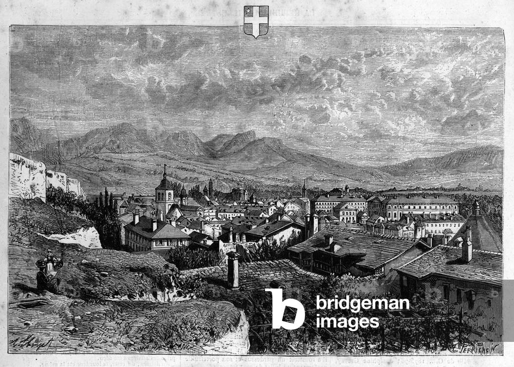 View of the city of Chambery in Savoy. Engraving from 1880 in “La republique illustree”” private collection.