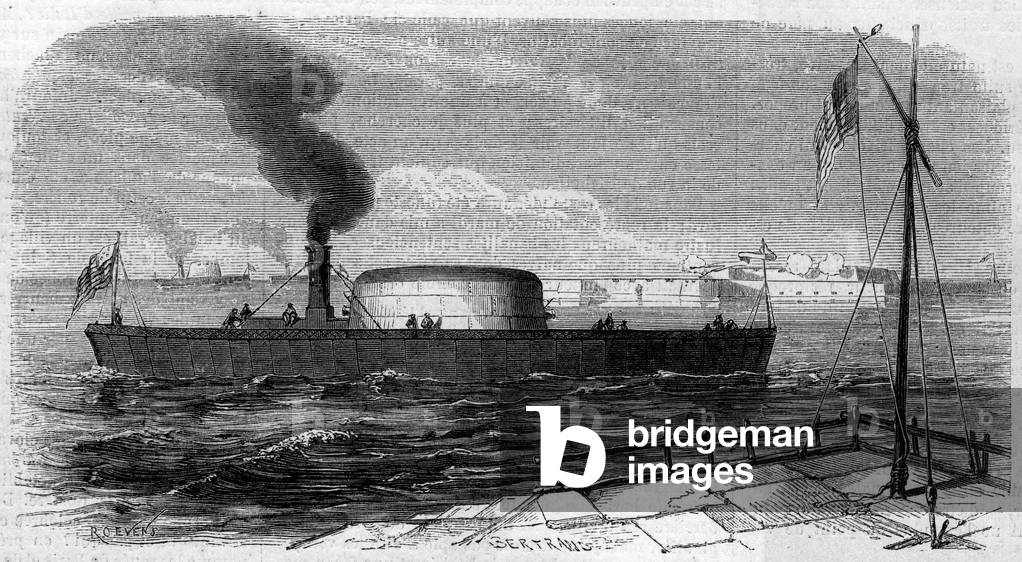 Secession War (1861 - 1865) or American Civil War, 1862: view of the battleship “Monitor” built by John Ericsson (1803-1889) for the northern army. Engraving in “” Le Monde Illustré”” n°250 of January 25, 1862.