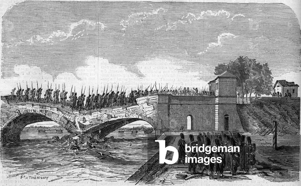 Risorgimento, 1859; the Italian army crosses the Buffalora Bridge (built in 1810) partly destroyed by the Austrian army. According to Mr. Durand Brager's sketches. Engraving by Felix Thorigny in “” Le Monde Illustré”” n°114 of 18 June 1859.