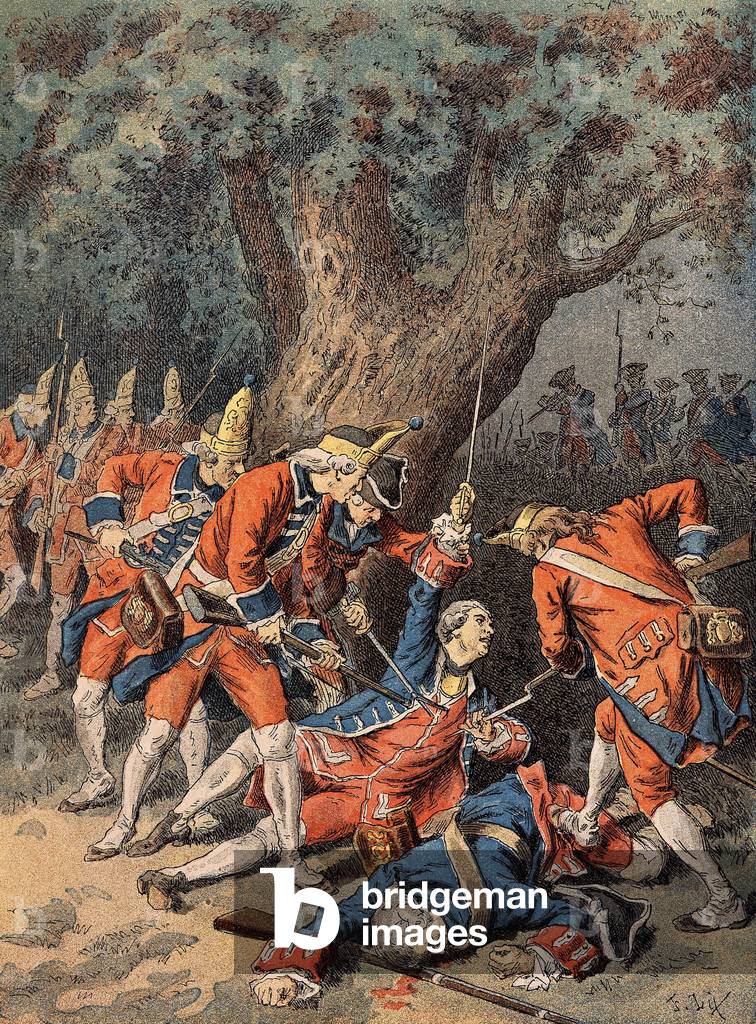 Seven Years' War : the death of Louis d'Assas du Mercou, known as the Knight of Assas, French captain, October 16, 1760 (engraving)