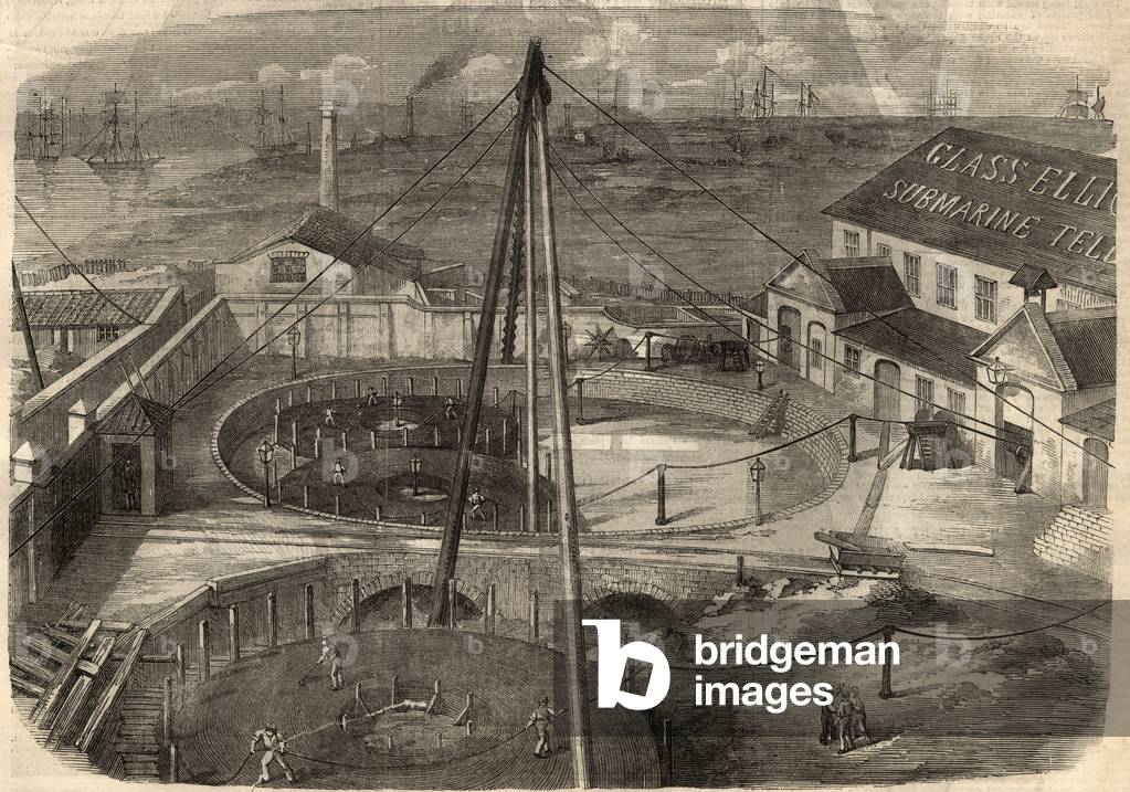Telegraphy: The transatlantic cable produced at the Glass factory, Elliot and Company in East Greenwich (England) is ready to be delivered. Engraving In “” The Illustrated London News”” of March 14, 1857.