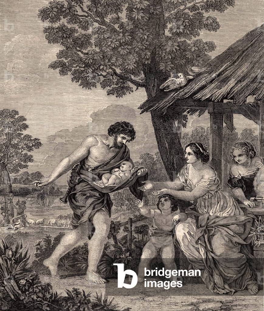 Romulus and Remus. Engraving after the painting by Pietro da Cortone. From 1860.