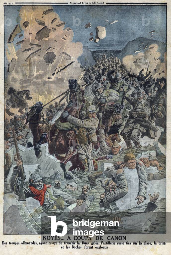 First World War 1914-1918 . The German army tries to cross the river frozen Duna but the Russian artillery fired on the ice, 1916 (print)