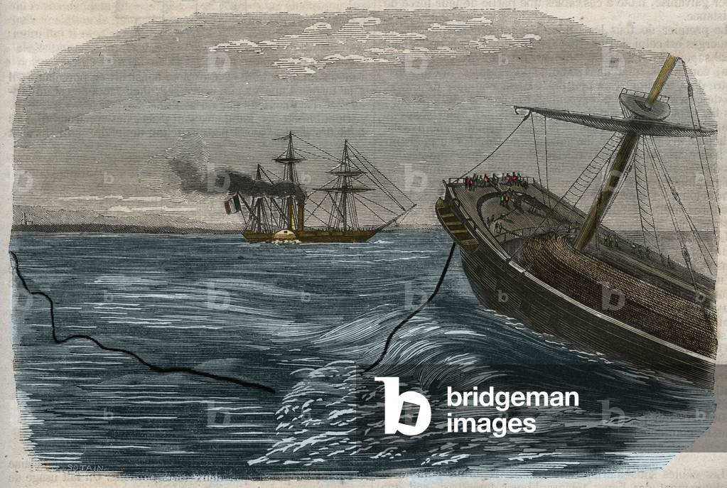 Underwater telegraphic lines: The laying of a submarine cable (submarine) Engraving of 1857.