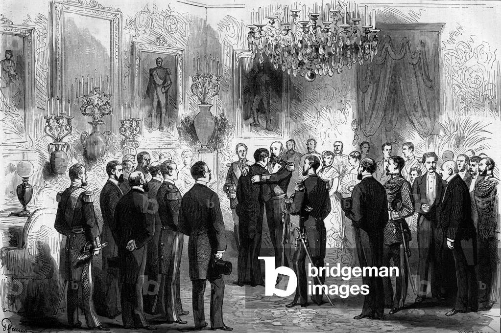 The king of Sweden Oscar II (1829-1907) received explorers Nils Adolf Erik (Eric) Baron Nordenskjold (Nordenskiold) (1832-1901) and Lieutenant Palander at the Royal Palace in Stockholm. In 1878 Nordenskjold passed from the Atlantic Ocean to the Pacific Ocean along the coast of Siberia. Engraving in “” Le Monde Illustré”” n°1206 of 8 April 1880.