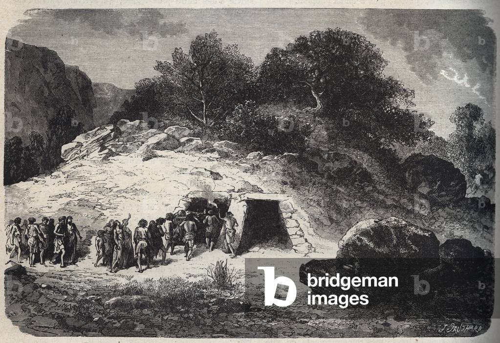 Burial in caves during the Stone Age - engraving - Burial in caves during the Stone Age -