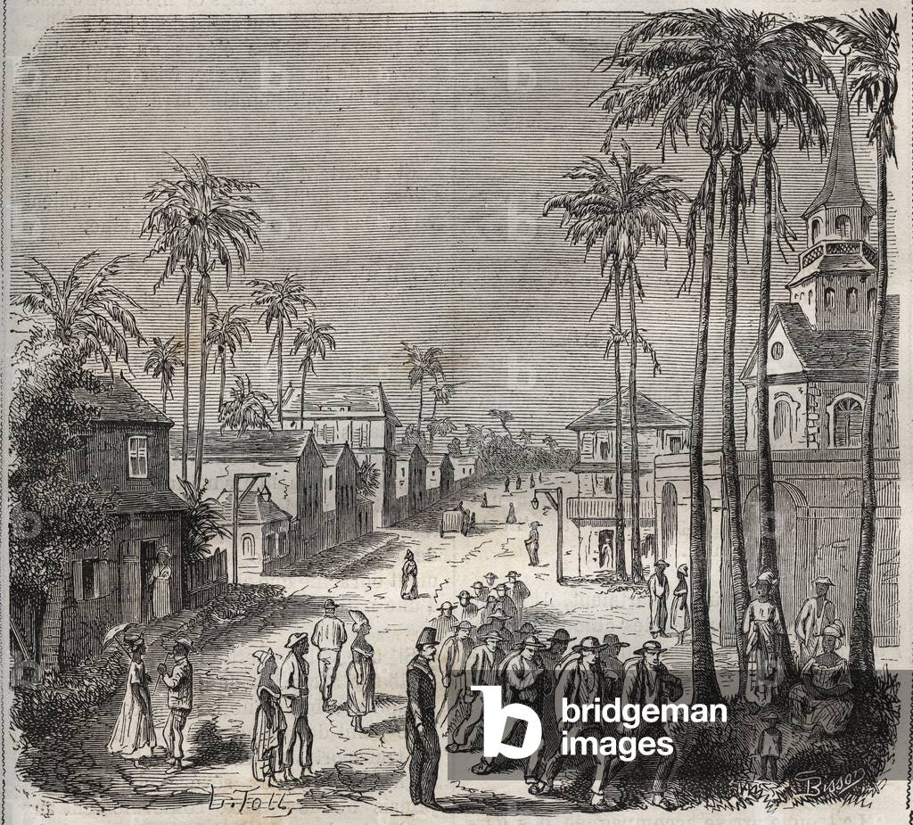 convicts going to work at the penitencier Saint-Laurent in Cayenne in the 19th century (engraving)