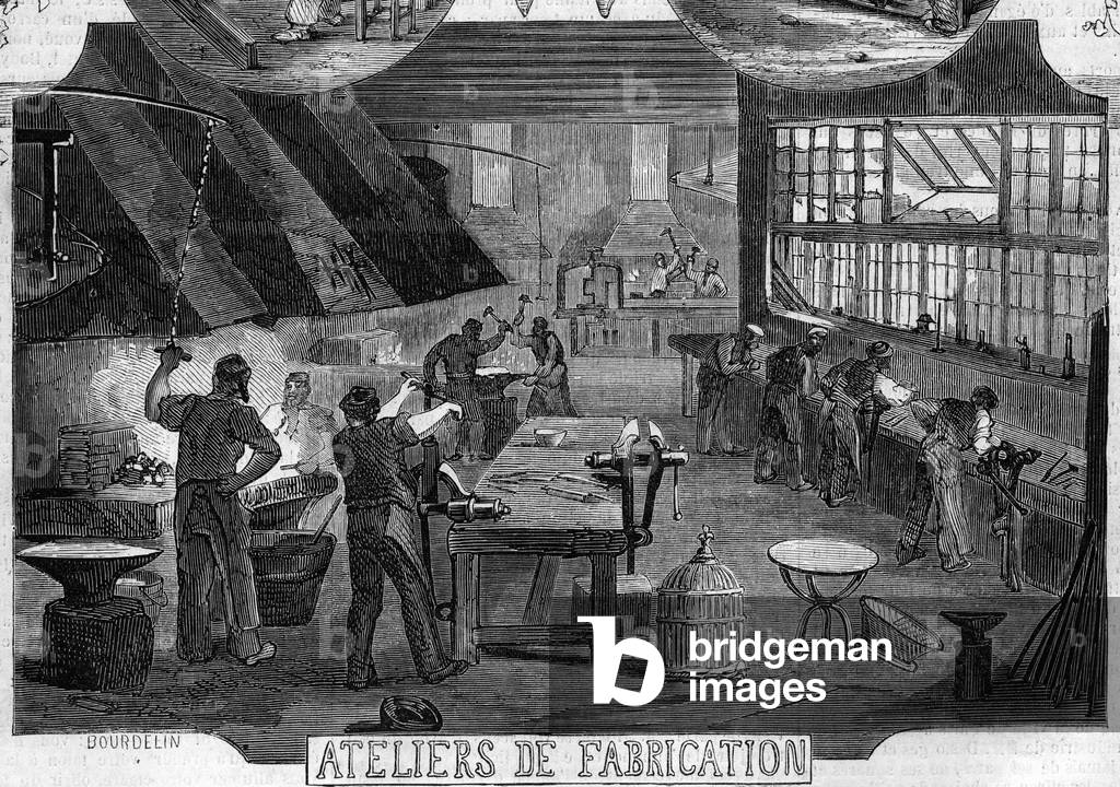 Workshop for the manufacture of locks by Messrs. Desforges and Busisson, 1860. Engraving in “” Le Monde Illustré”” n°160 of 12 May 1860.
