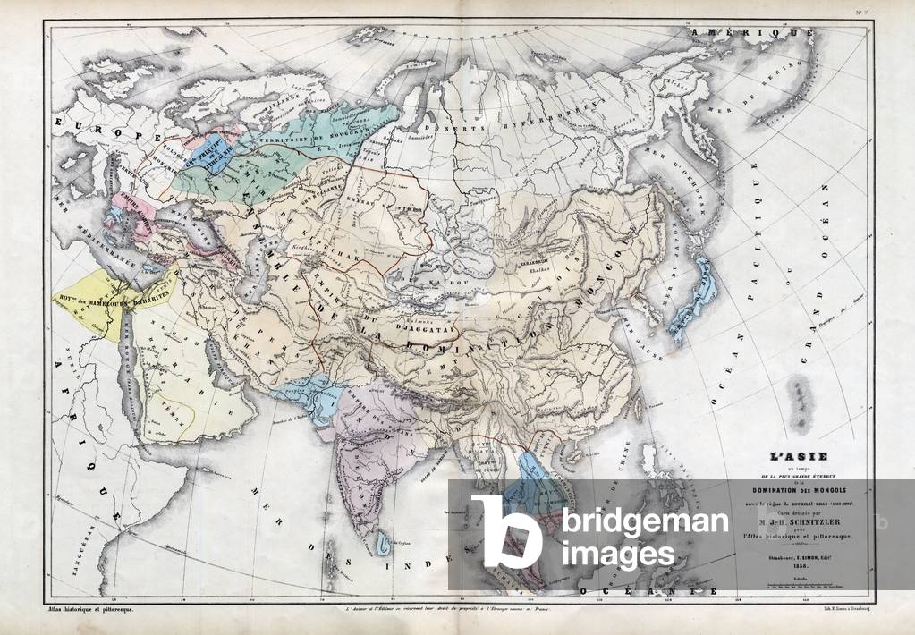 Asia at the time of the greatest extent of Mongol domination under the rule of Qubilai (Kubilai Khan) (1260-1294) - Map prepared by M J-H Schnitzler, Historical and Picturesque Atlas 1857