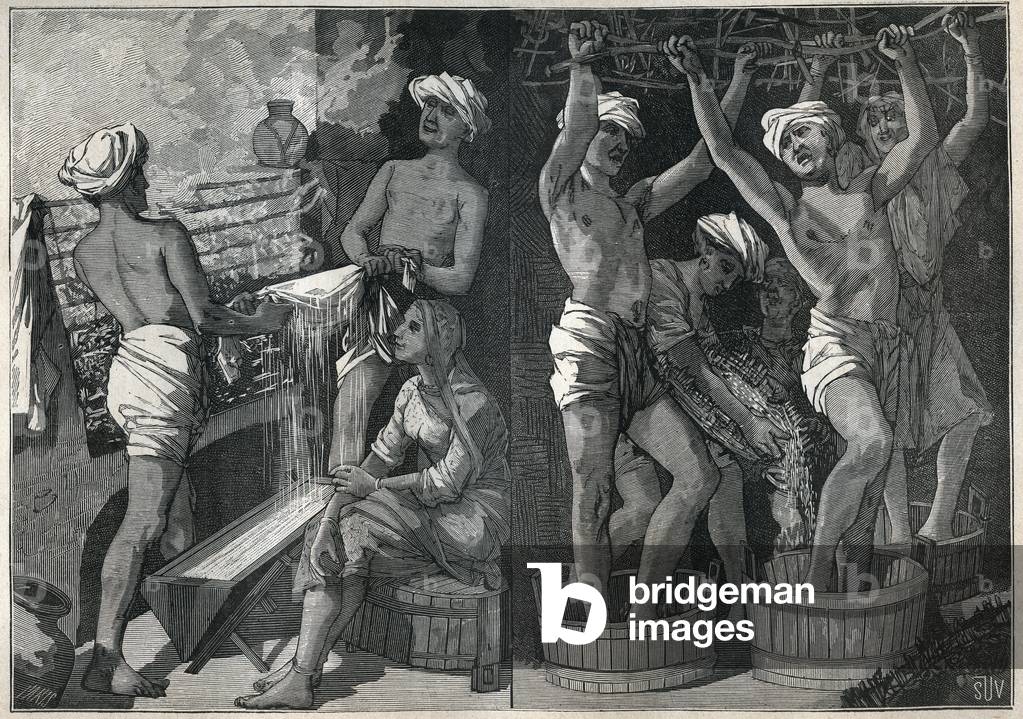 Preparation of lacquer in India. Engraving from 1885 in “” Les arts et metiers illustres”” by Adolphe BITARD.