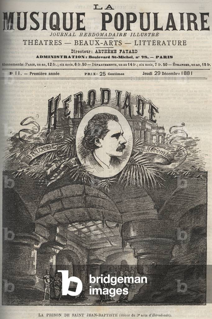 The prison of Saint John the Baptist - decor of the 3rd act of “Herodiade”, opera in four acts and seven paintings by Jules Massenet, on a libretto by Paul Milliet and Henri Gremont - engraving in “La musique populaire”” illustrated weekly newspaper - 1882