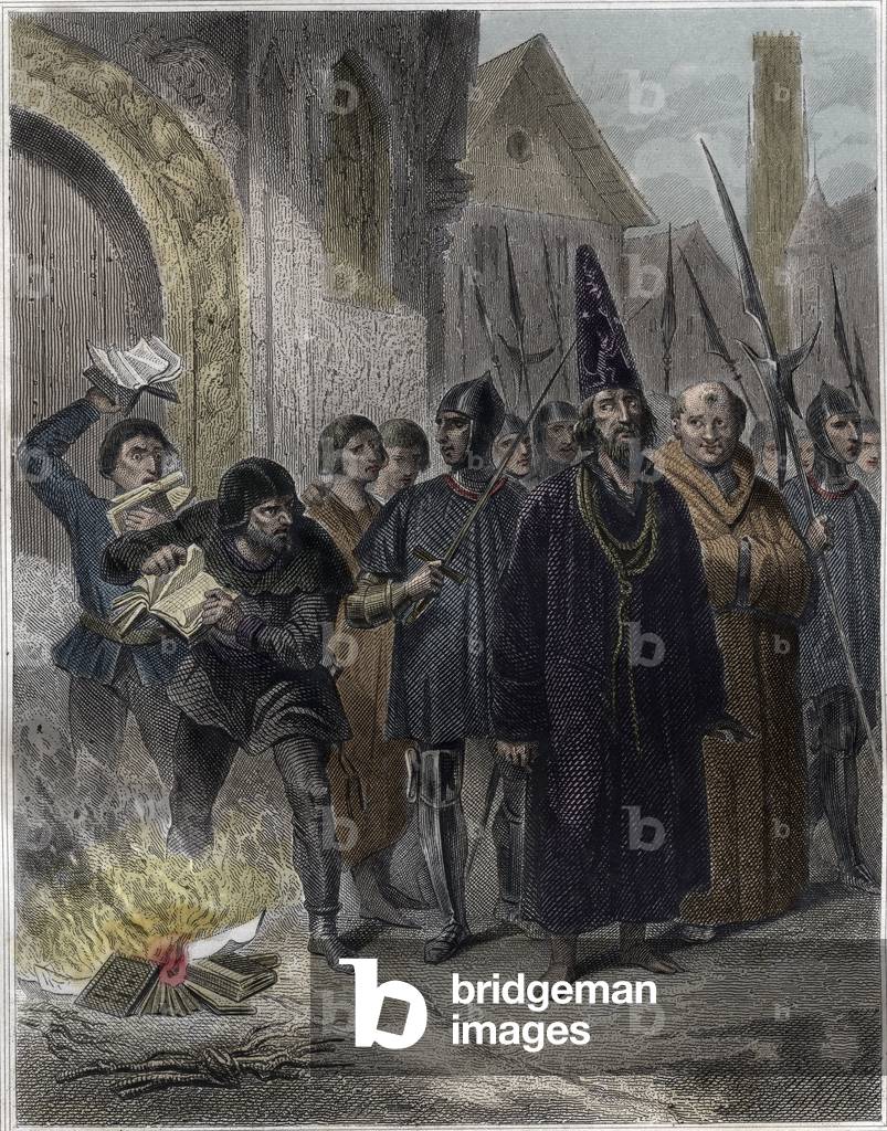 Czech priest, philosopher, reformer Jan Hus is captured and condemned to the stak, 1851-53 (engraving)