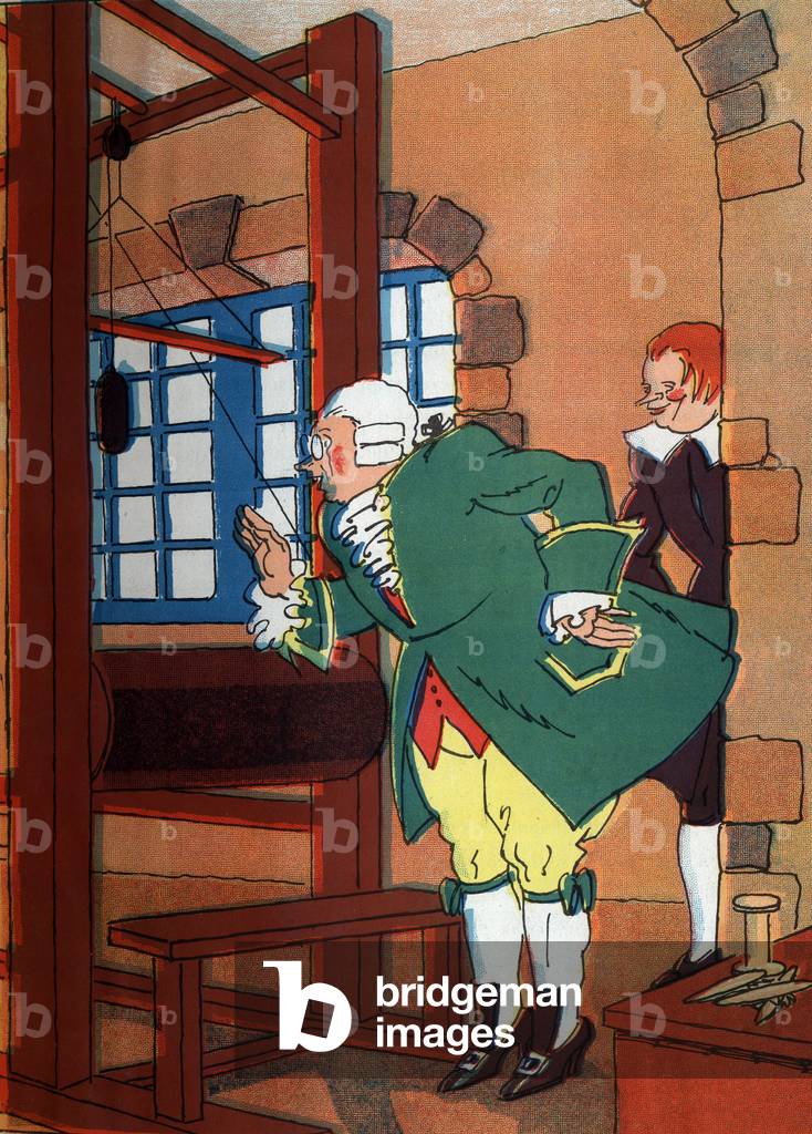 The two weavers invite the honest old minister to come closer. Engraving in “” Les habits neufs du Grand Duke””, tale by Hans Christian Andersen (1805-1875), 1940.
