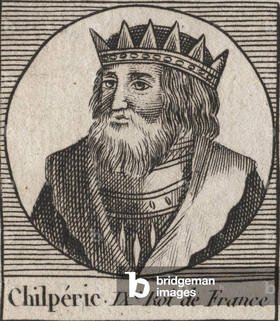Portrait of Chilperic I (539 - 584), King of Neustria - Chilperic I, Merovingian King of France - engraving from “Instruction sur l'Histoire de France”” by Charles Constant Le Tellier 1821