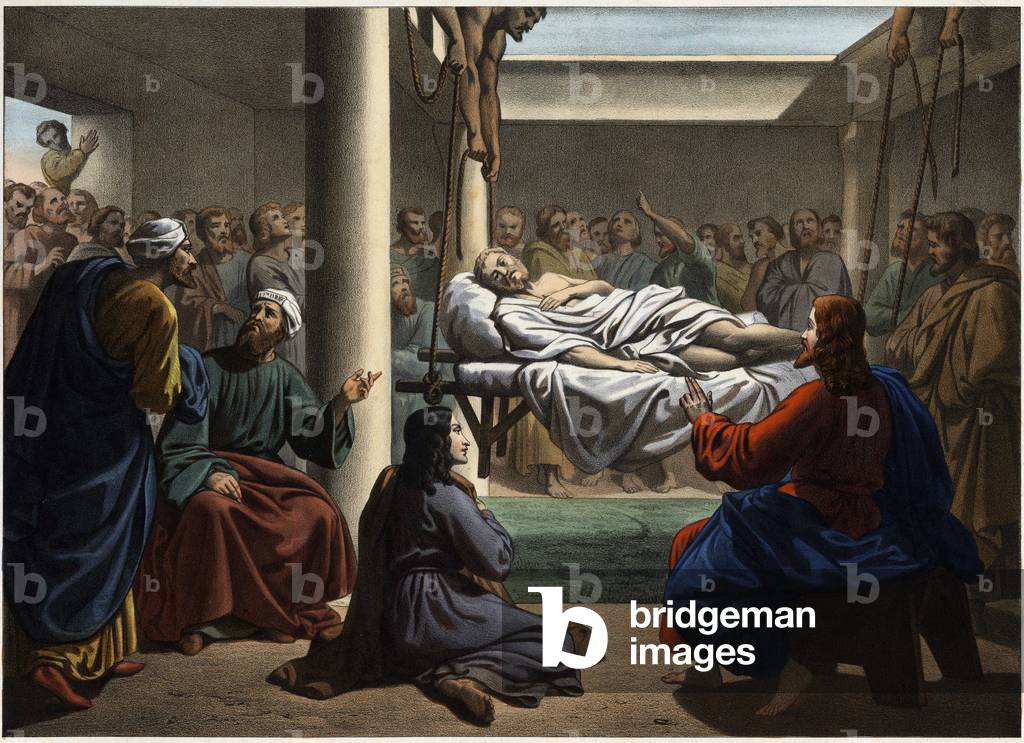 Jesus healing the paralytic of Bethesda. Anonymous engraving from the middle of the 19th century.