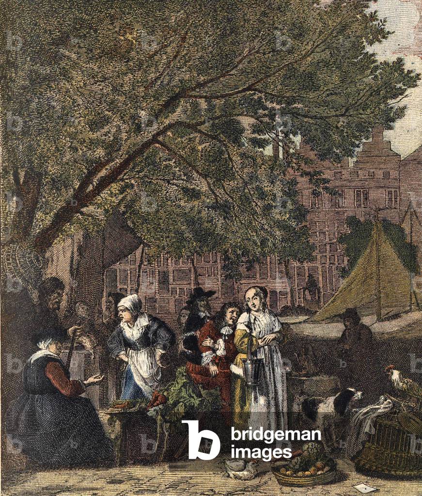 The Amsterdam Herb Market. Engraving 19th century after the painting of Gabriel Metsu .