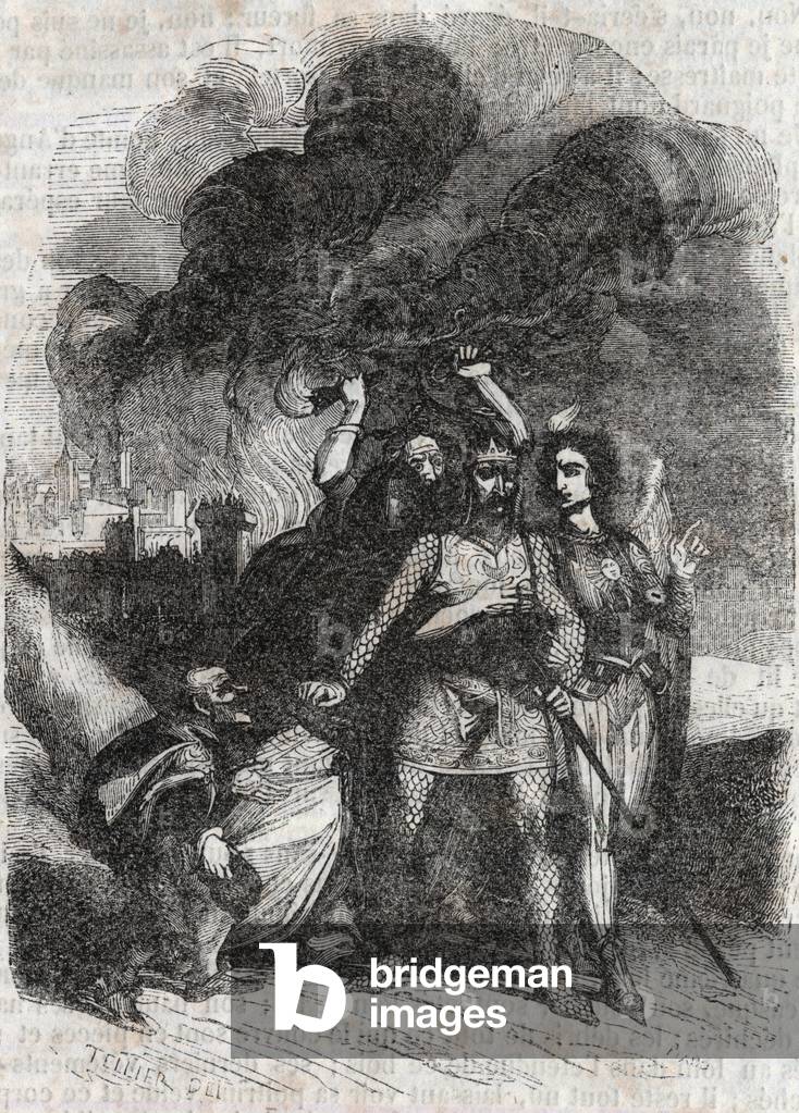 Rodomont abandons Paris - engraving of 1851 from “” Roland furieux”” (Orlando furioso) (16th century) by Ludovico Ariosto, known as the Ariosta - Edition translated from Italian by the Count of Tressan and published by Gustave Harvard 1851