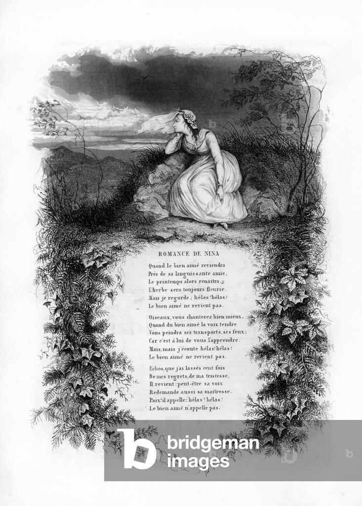 Nina's romance. A lonely woman in a wedding dress on the edge of a country road. Engraving in “” Chants et chansons populaire de la France””, Tome 2, 1848. Private Collection