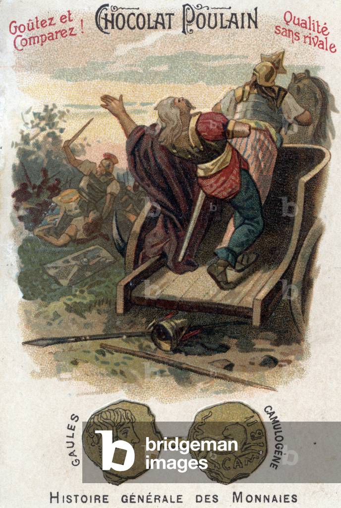 Gauls Aulerque: Battle of Lutece between Camulogene and Labienus in 53 BC. In General History of Coins. Chocolate-foal chromolithography of the end of the 19th century. Private collection.