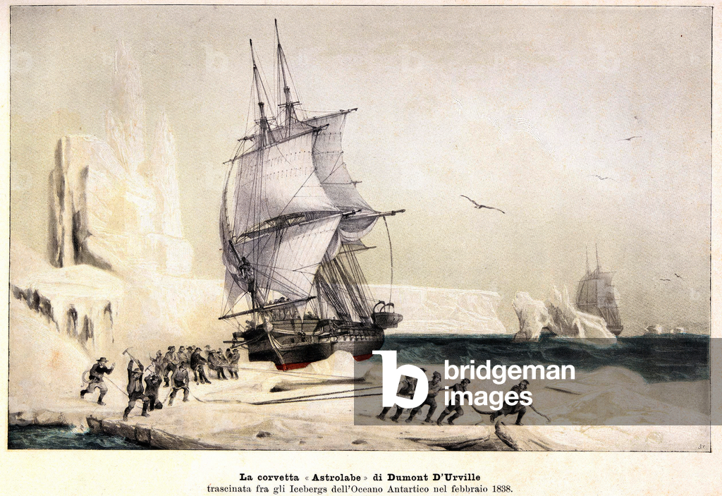 Dumont d'Urville's corvette “” Astrolabe” (new name for the “Shell”) (1790 - 1842) trailed between the icebergs of the Antarctic Ocean in February 1838